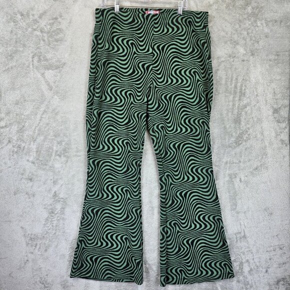 Urban Outfitters Pants Womens 3XL Green Black Flare Stretch Knit Swirl Op Art - Picture 1 of 11